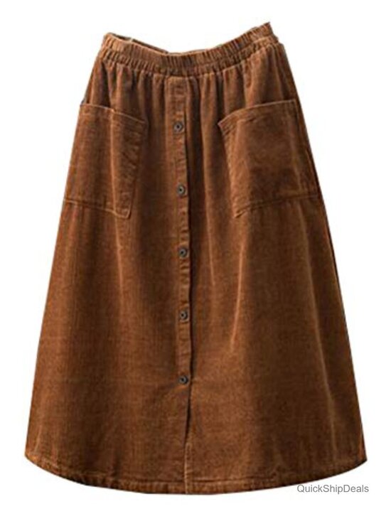 Dresses & Skirts - Women's Corduroy A-Line Midi Skirt Front Split Buttons Flared
